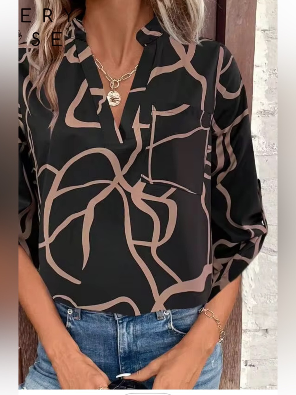 New Donna Karan Black Blouse with Gold Abstract Brushstroke Design size L